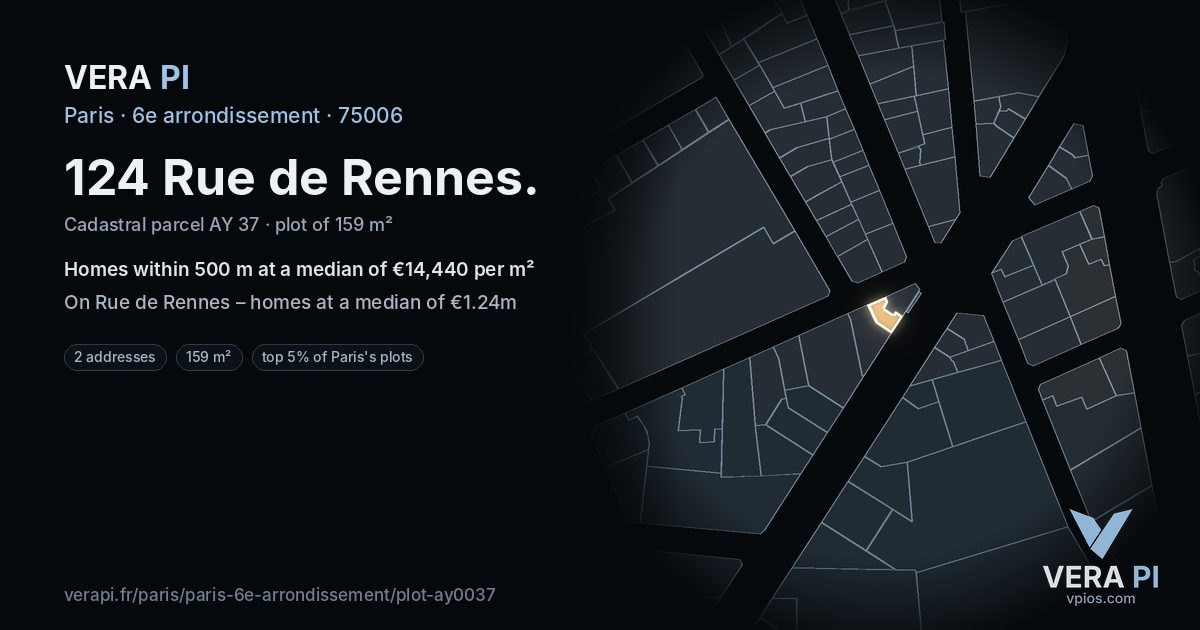 124 Rue de Rennes, 6e arrondissement at night – the plot lit, the parcels around coloured by the prices near them