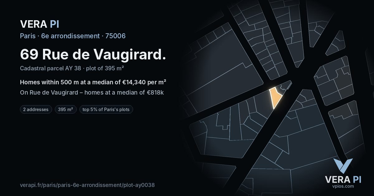 69 Rue de Vaugirard, 6e arrondissement at night – the plot lit, the parcels around coloured by the prices near them