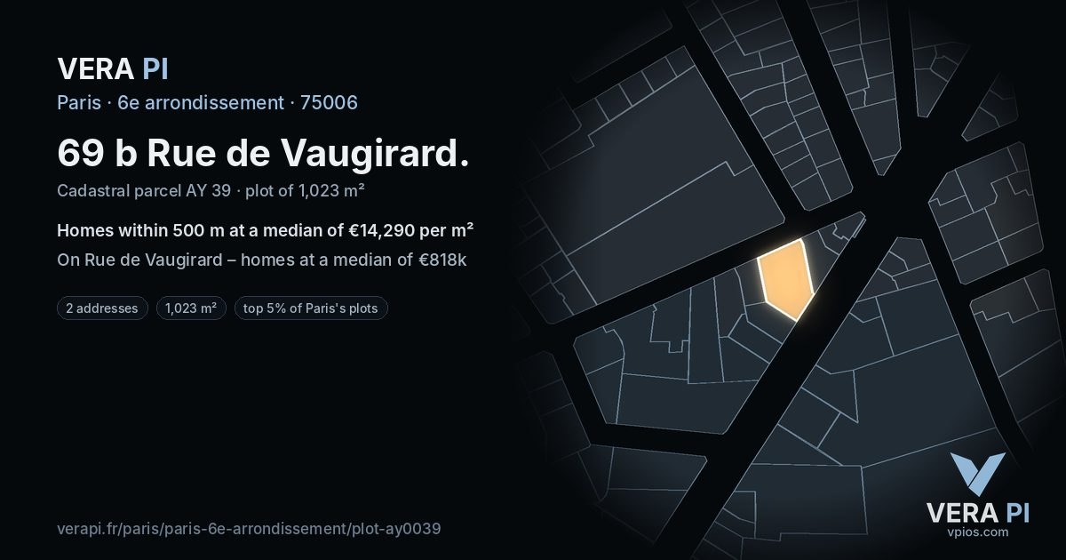 69 b Rue de Vaugirard, 6e arrondissement at night – the plot lit, the parcels around coloured by the prices near them