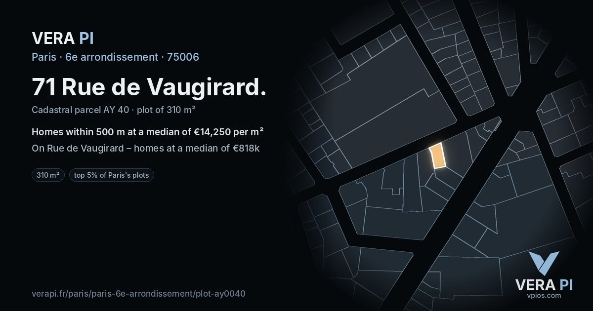 71 Rue de Vaugirard, 6e arrondissement at night – the plot lit, the parcels around coloured by the prices near them