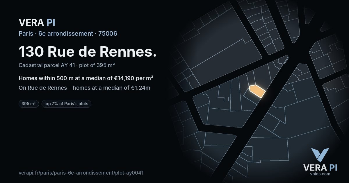 130 Rue de Rennes, 6e arrondissement at night – the plot lit, the parcels around coloured by the prices near them