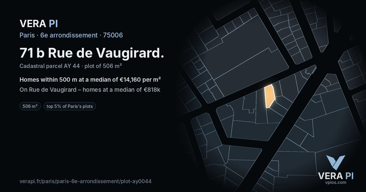 71 b Rue de Vaugirard, 6e arrondissement at night – the plot lit, the parcels around coloured by the prices near them