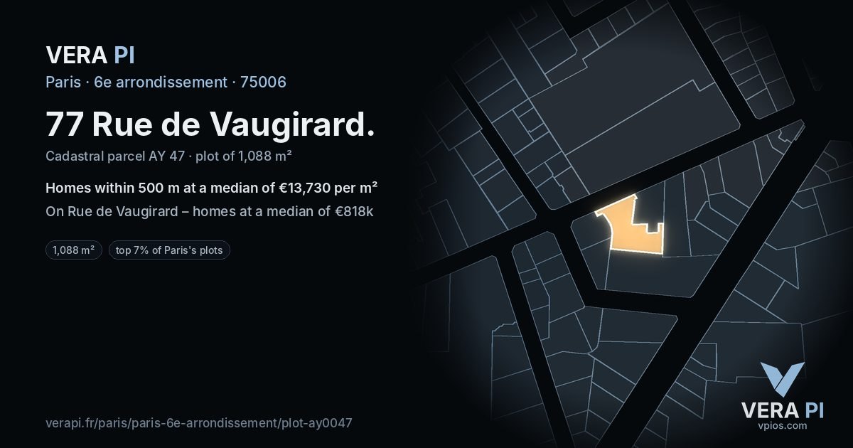 77 Rue de Vaugirard, 6e arrondissement at night – the plot lit, the parcels around coloured by the prices near them