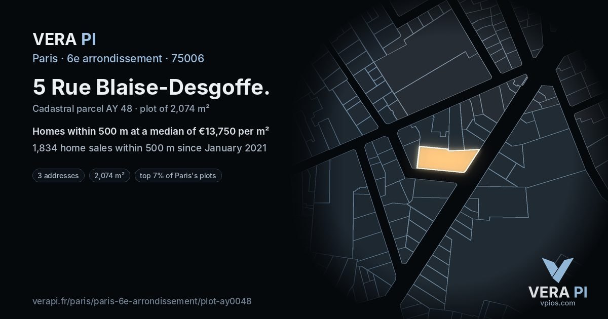 5 Rue Blaise-Desgoffe, 6e arrondissement at night – the plot lit, the parcels around coloured by the prices near them