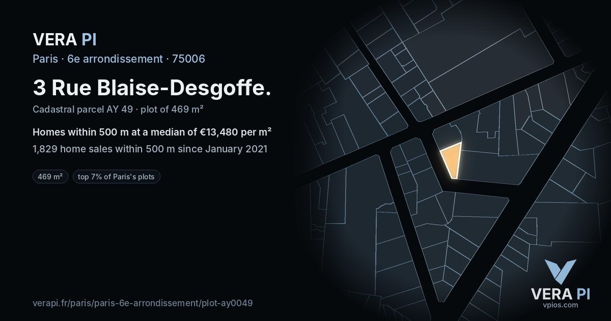 3 Rue Blaise-Desgoffe, 6e arrondissement at night – the plot lit, the parcels around coloured by the prices near them