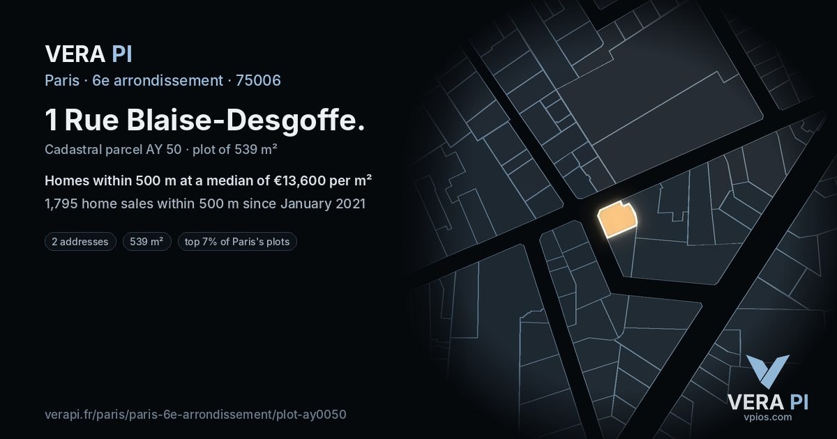 1 Rue Blaise-Desgoffe, 6e arrondissement at night – the plot lit, the parcels around coloured by the prices near them