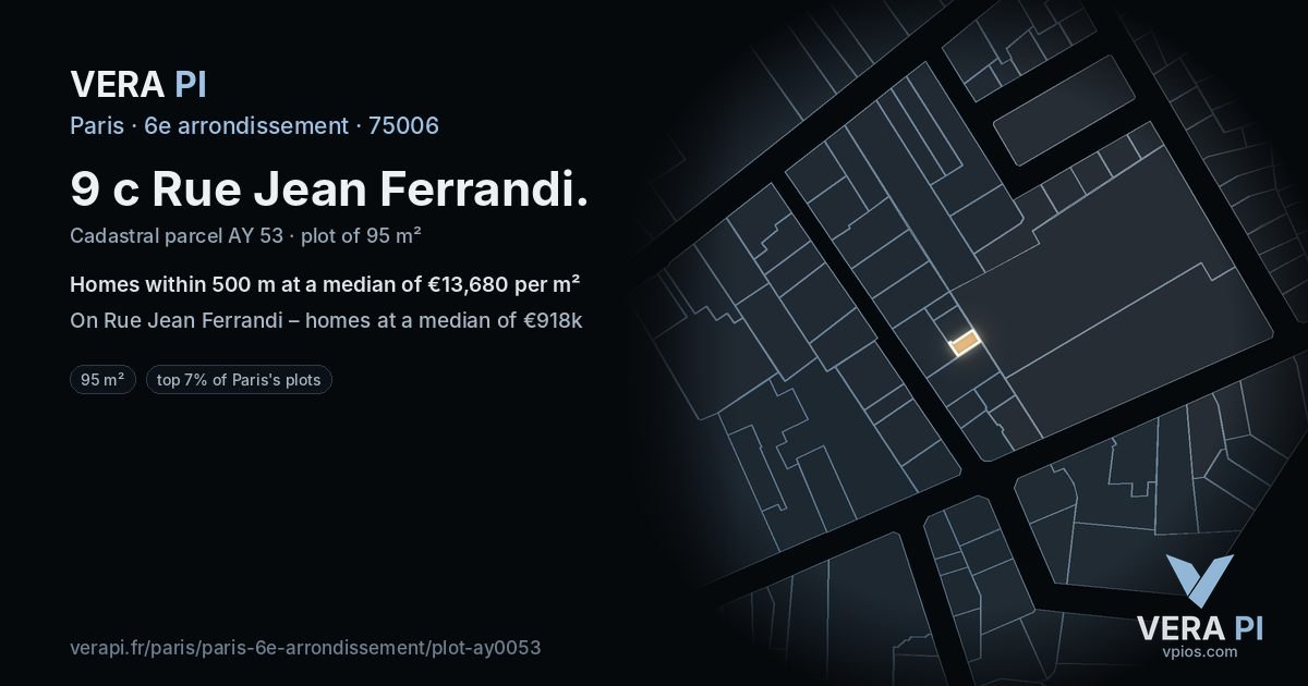 9 c Rue Jean Ferrandi, 6e arrondissement at night – the plot lit, the parcels around coloured by the prices near them
