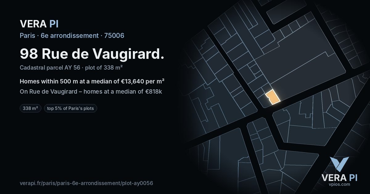 98 Rue de Vaugirard, 6e arrondissement at night – the plot lit, the parcels around coloured by the prices near them