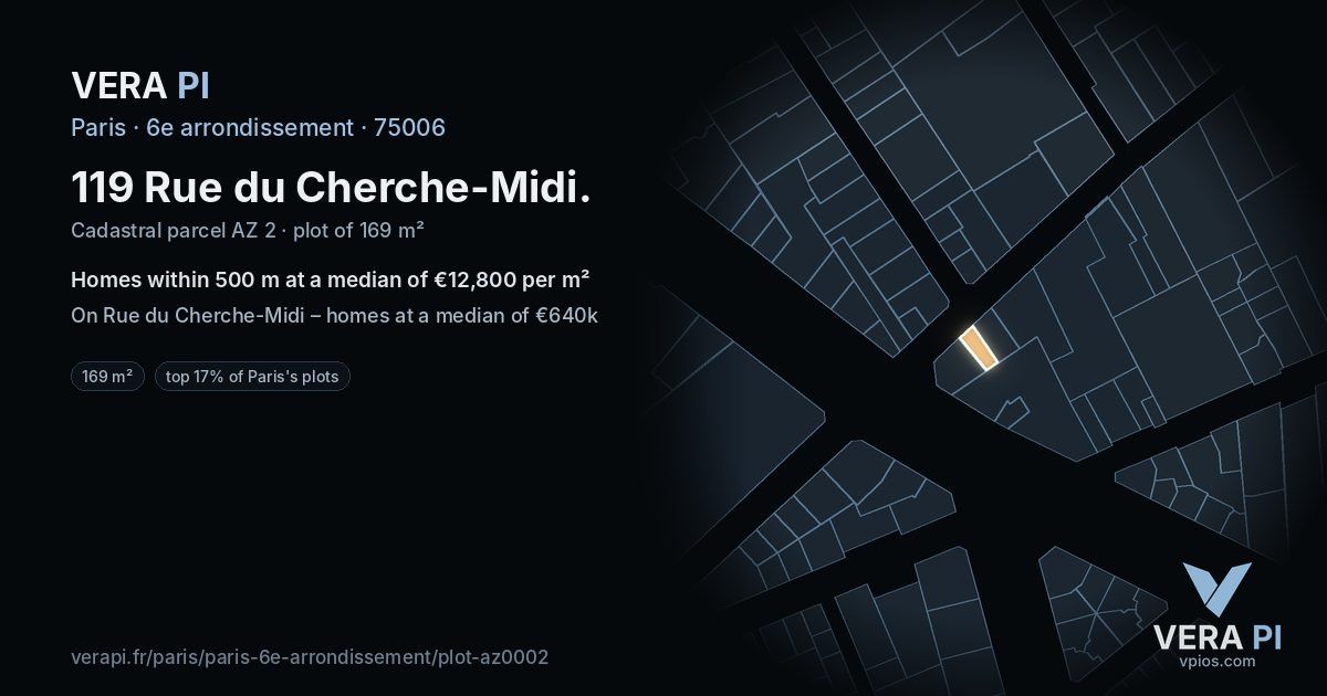 119 Rue du Cherche-Midi, 6e arrondissement at night – the plot lit, the parcels around coloured by the prices near them