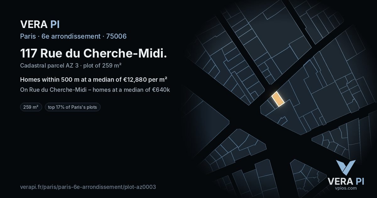 117 Rue du Cherche-Midi, 6e arrondissement at night – the plot lit, the parcels around coloured by the prices near them