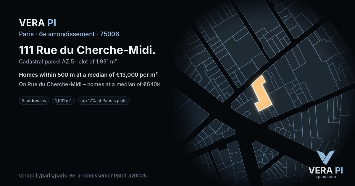 111 Rue du Cherche-Midi, 6e arrondissement at night – the plot lit, the parcels around coloured by the prices near them