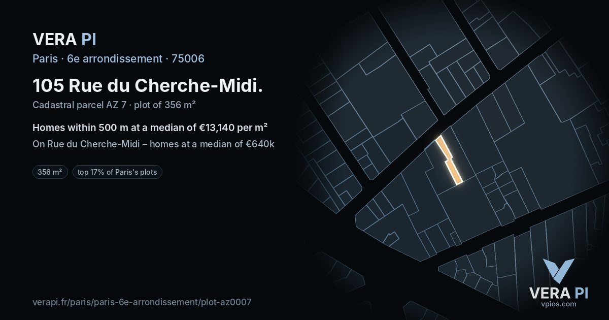 105 Rue du Cherche-Midi, 6e arrondissement at night – the plot lit, the parcels around coloured by the prices near them