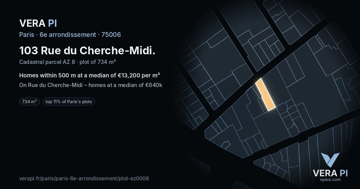 103 Rue du Cherche-Midi, 6e arrondissement at night – the plot lit, the parcels around coloured by the prices near them