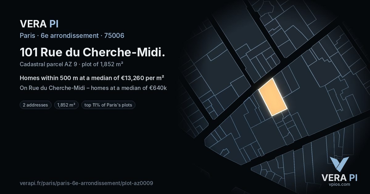 101 Rue du Cherche-Midi, 6e arrondissement at night – the plot lit, the parcels around coloured by the prices near them