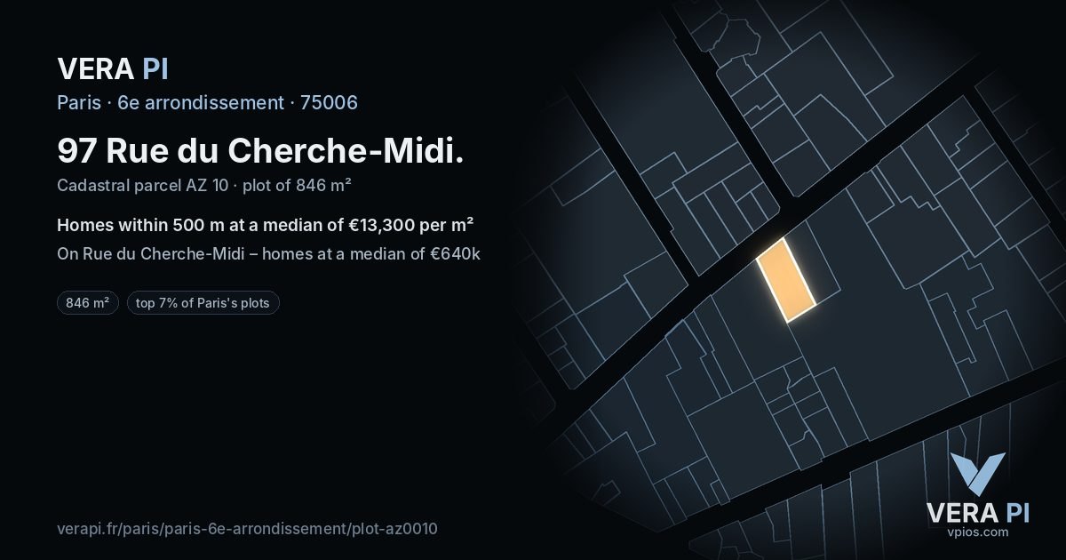 97 Rue du Cherche-Midi, 6e arrondissement at night – the plot lit, the parcels around coloured by the prices near them