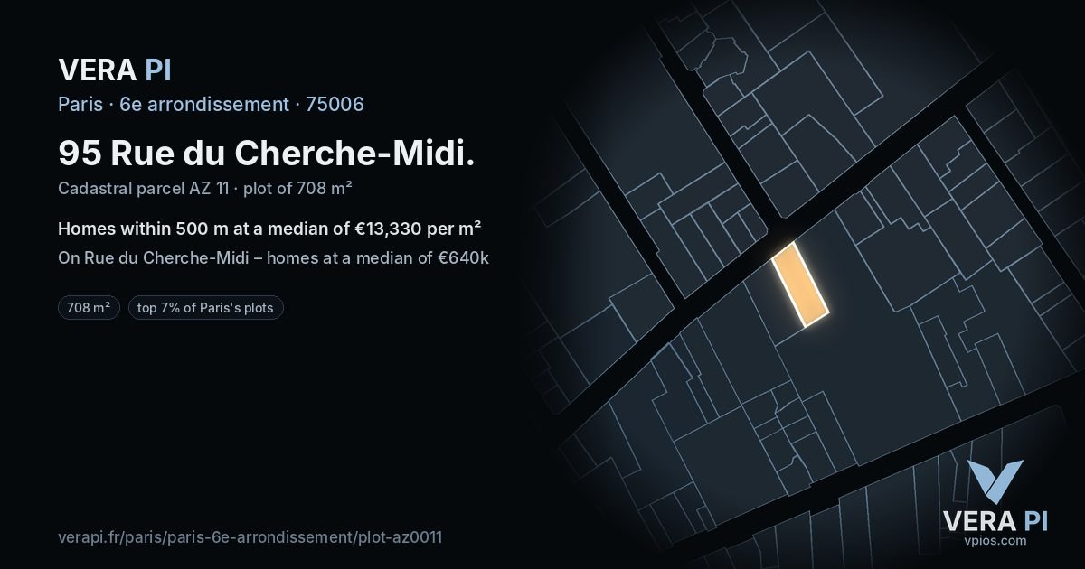 95 Rue du Cherche-Midi, 6e arrondissement at night – the plot lit, the parcels around coloured by the prices near them