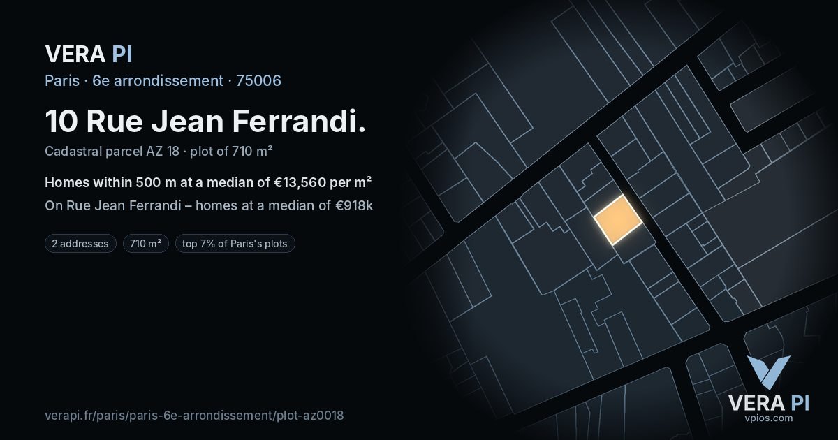 10 Rue Jean Ferrandi, 6e arrondissement at night – the plot lit, the parcels around coloured by the prices near them
