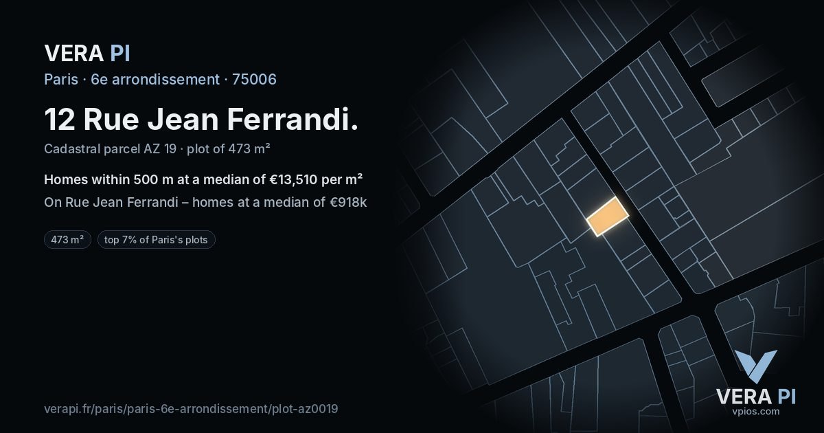 12 Rue Jean Ferrandi, 6e arrondissement at night – the plot lit, the parcels around coloured by the prices near them