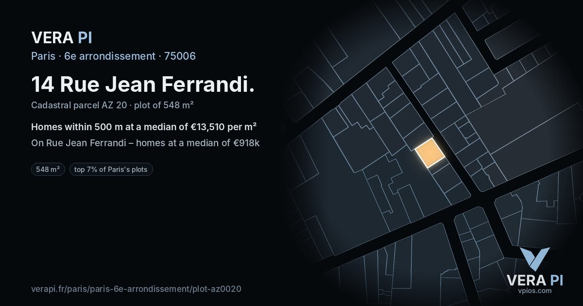 14 Rue Jean Ferrandi, 6e arrondissement at night – the plot lit, the parcels around coloured by the prices near them