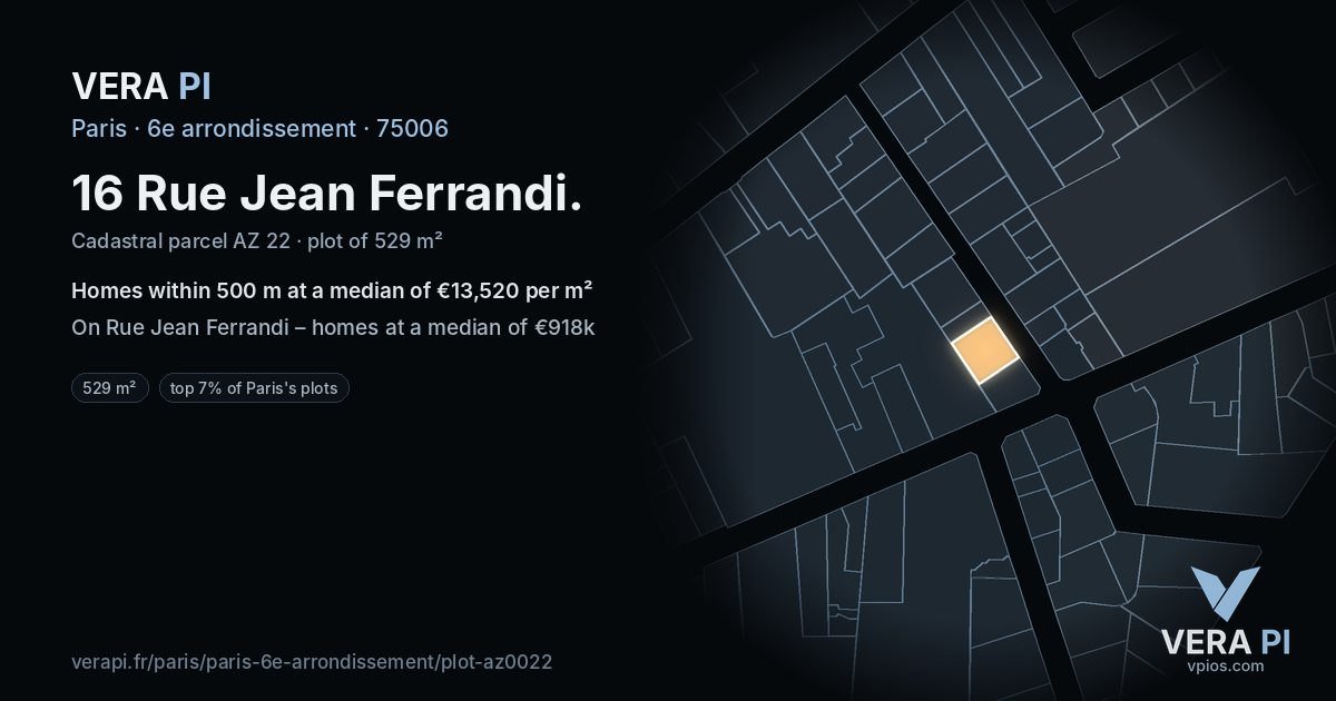 16 Rue Jean Ferrandi, 6e arrondissement at night – the plot lit, the parcels around coloured by the prices near them