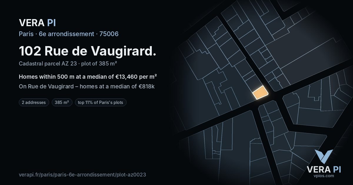 102 Rue de Vaugirard, 6e arrondissement at night – the plot lit, the parcels around coloured by the prices near them