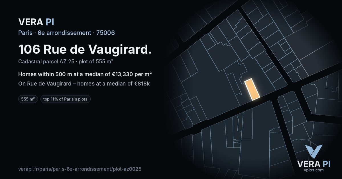 106 Rue de Vaugirard, 6e arrondissement at night – the plot lit, the parcels around coloured by the prices near them