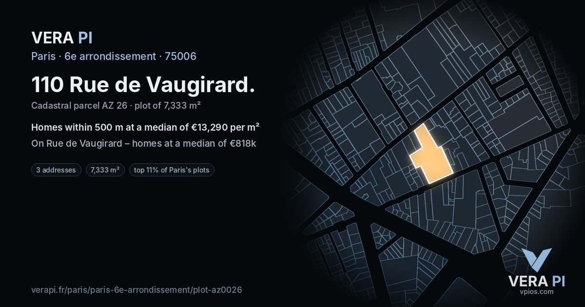 110 Rue de Vaugirard, 6e arrondissement at night – the plot lit, the parcels around coloured by the prices near them