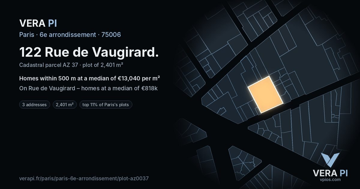 122 Rue de Vaugirard, 6e arrondissement at night – the plot lit, the parcels around coloured by the prices near them