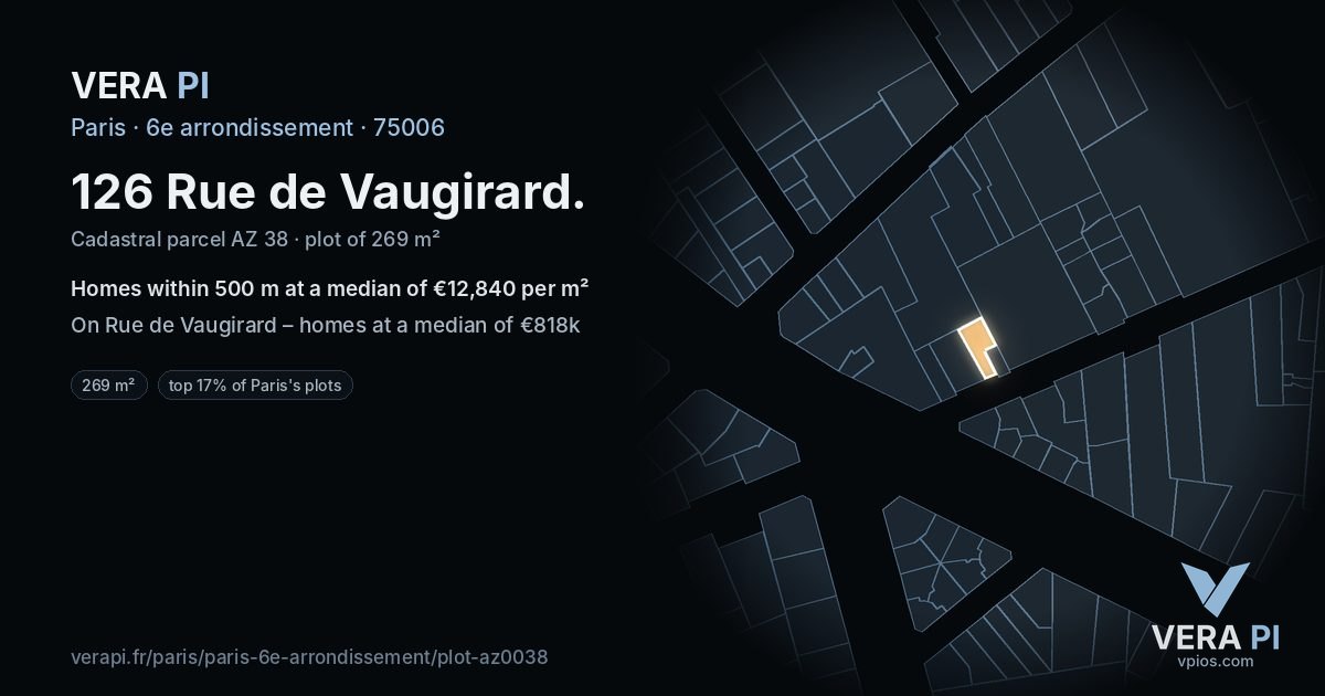 126 Rue de Vaugirard, 6e arrondissement at night – the plot lit, the parcels around coloured by the prices near them
