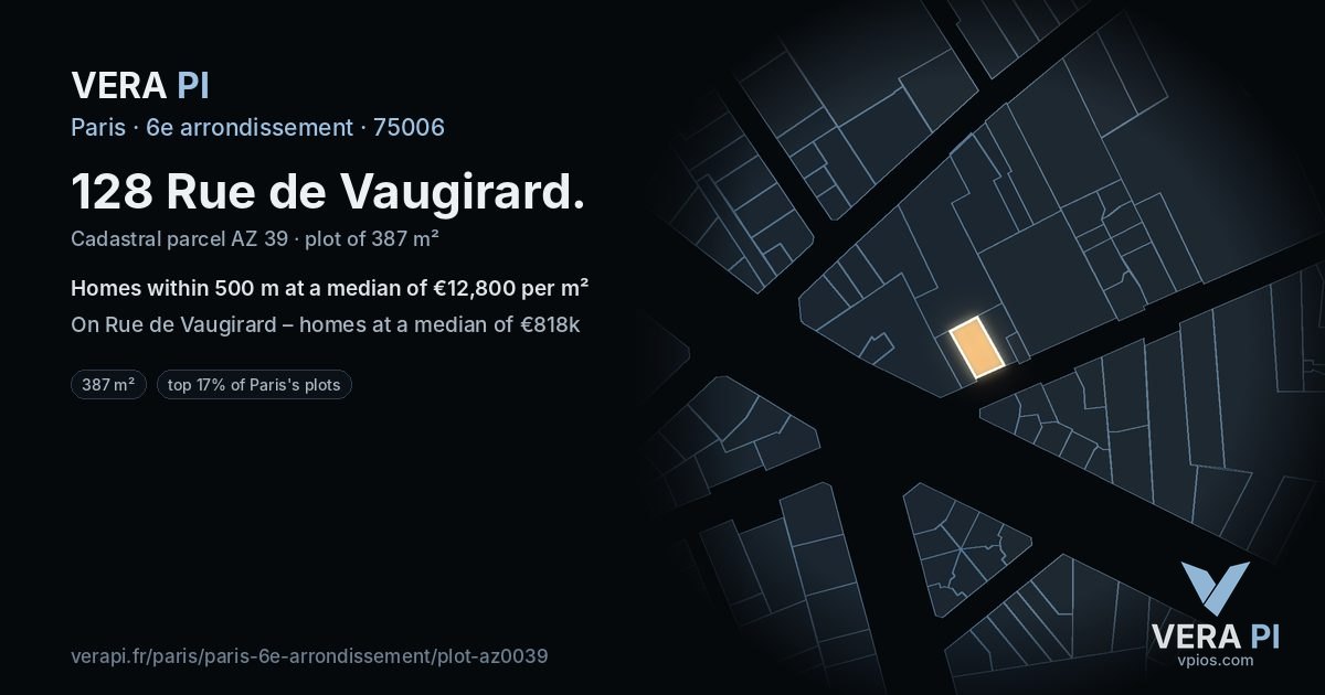 128 Rue de Vaugirard, 6e arrondissement at night – the plot lit, the parcels around coloured by the prices near them