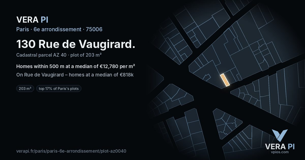 130 Rue de Vaugirard, 6e arrondissement at night – the plot lit, the parcels around coloured by the prices near them