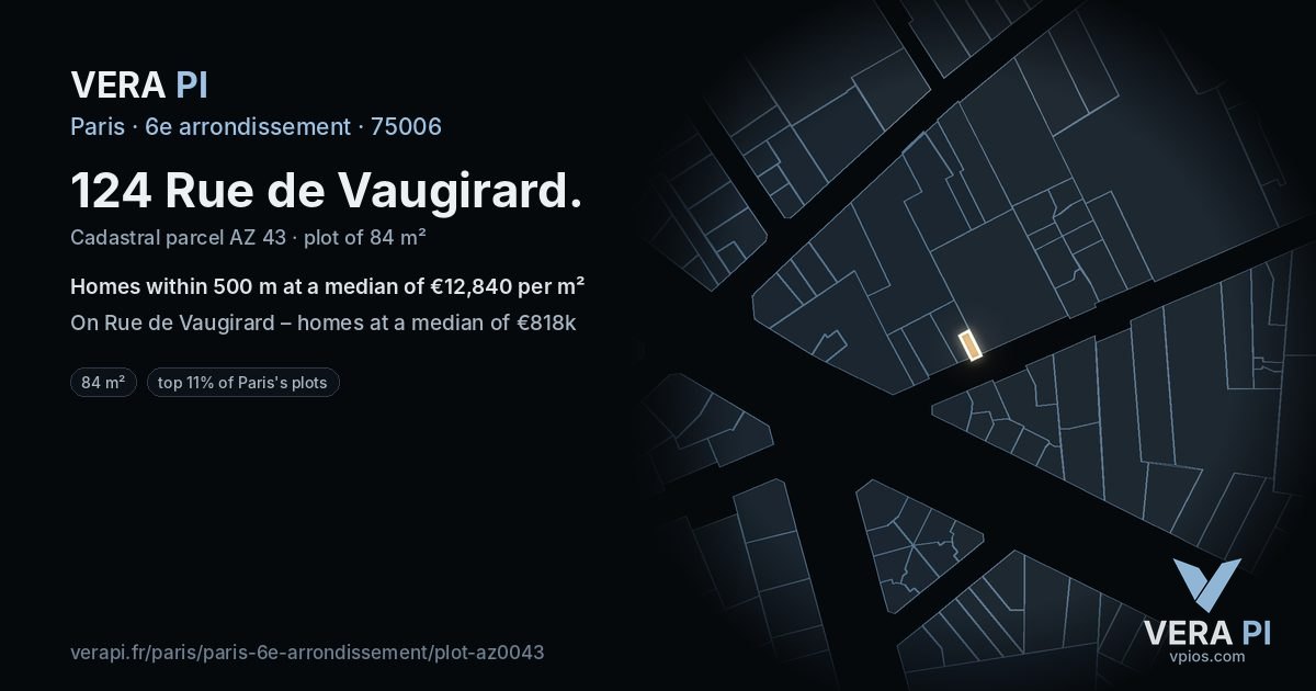 124 Rue de Vaugirard, 6e arrondissement at night – the plot lit, the parcels around coloured by the prices near them
