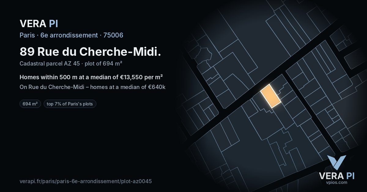 89 Rue du Cherche-Midi, 6e arrondissement at night – the plot lit, the parcels around coloured by the prices near them
