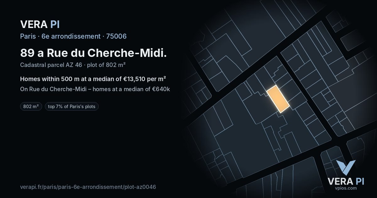 89 a Rue du Cherche-Midi, 6e arrondissement at night – the plot lit, the parcels around coloured by the prices near them