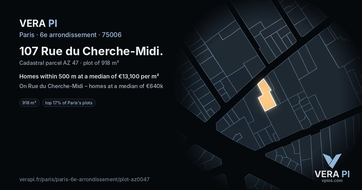 107 Rue du Cherche-Midi, 6e arrondissement at night – the plot lit, the parcels around coloured by the prices near them