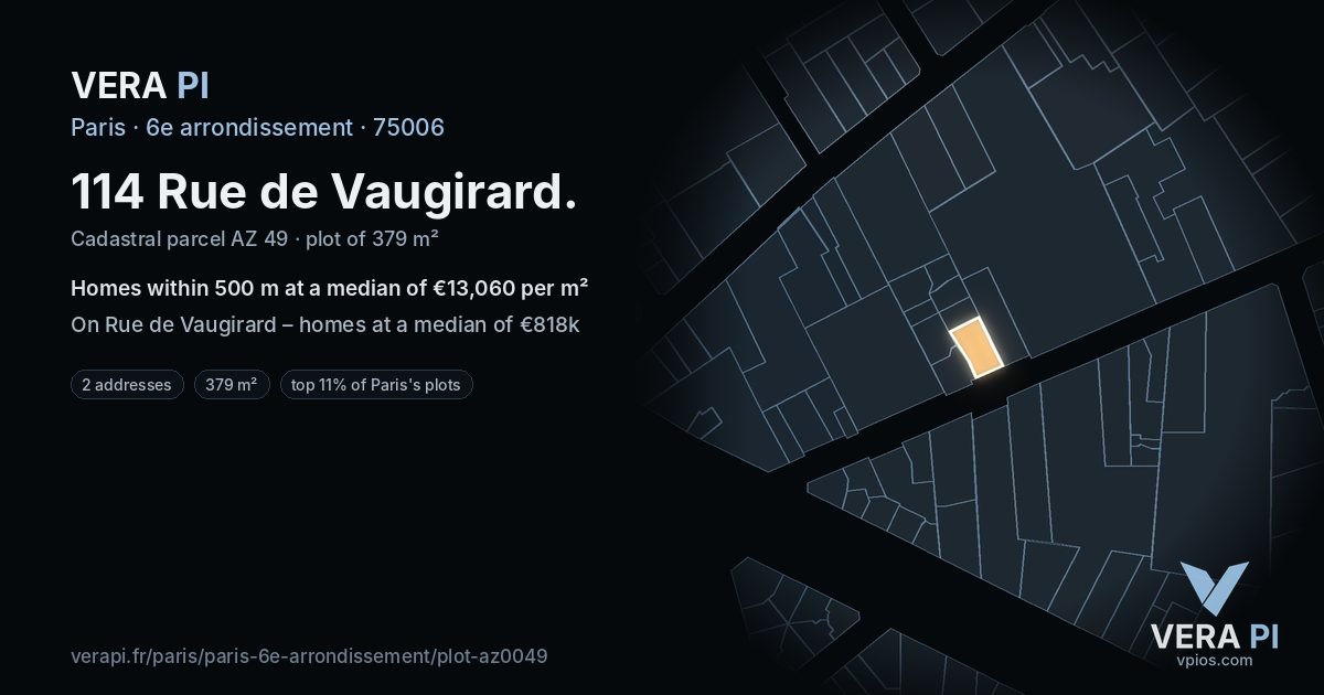 114 Rue de Vaugirard, 6e arrondissement at night – the plot lit, the parcels around coloured by the prices near them
