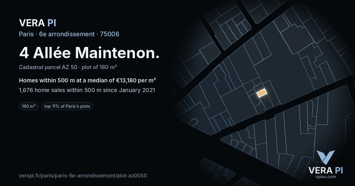 4 Allée Maintenon, 6e arrondissement at night – the plot lit, the parcels around coloured by the prices near them