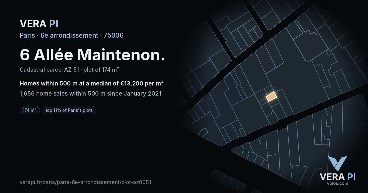6 Allée Maintenon, 6e arrondissement at night – the plot lit, the parcels around coloured by the prices near them