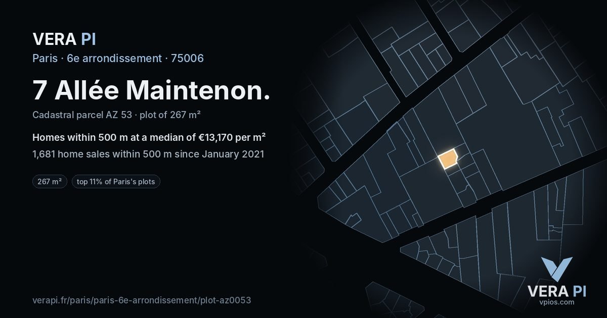 7 Allée Maintenon, 6e arrondissement at night – the plot lit, the parcels around coloured by the prices near them