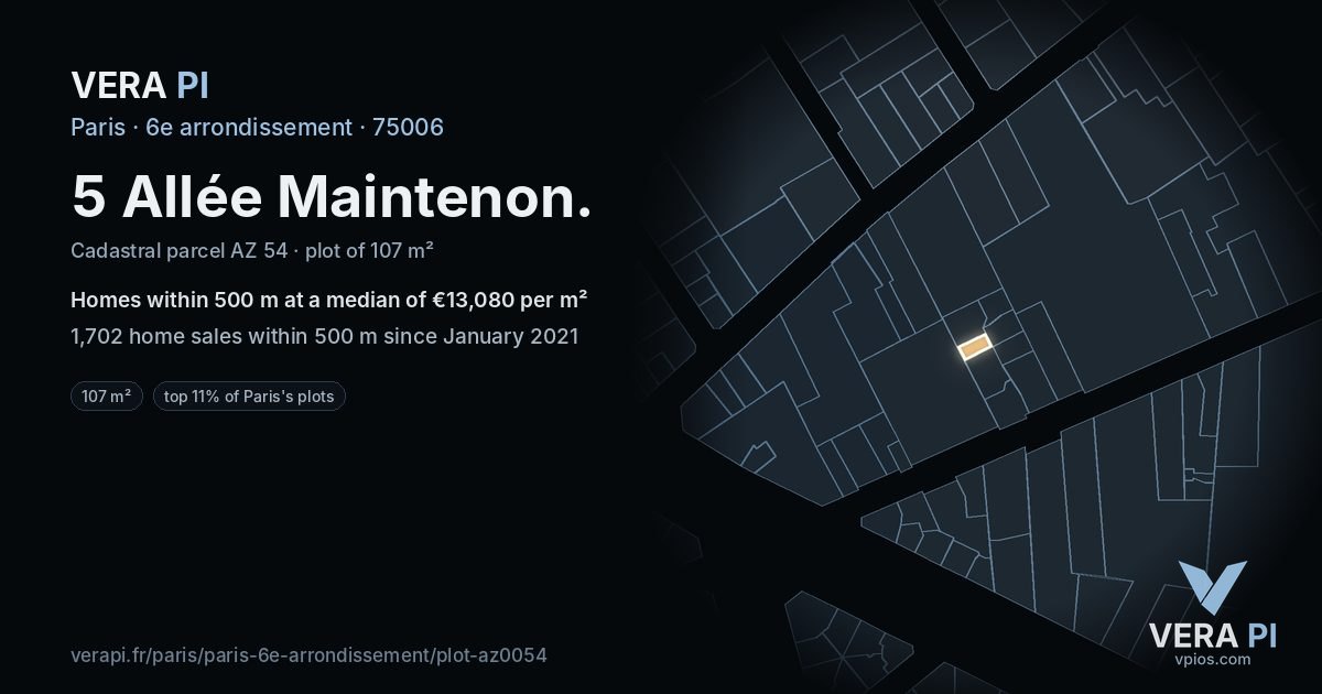 5 Allée Maintenon, 6e arrondissement at night – the plot lit, the parcels around coloured by the prices near them