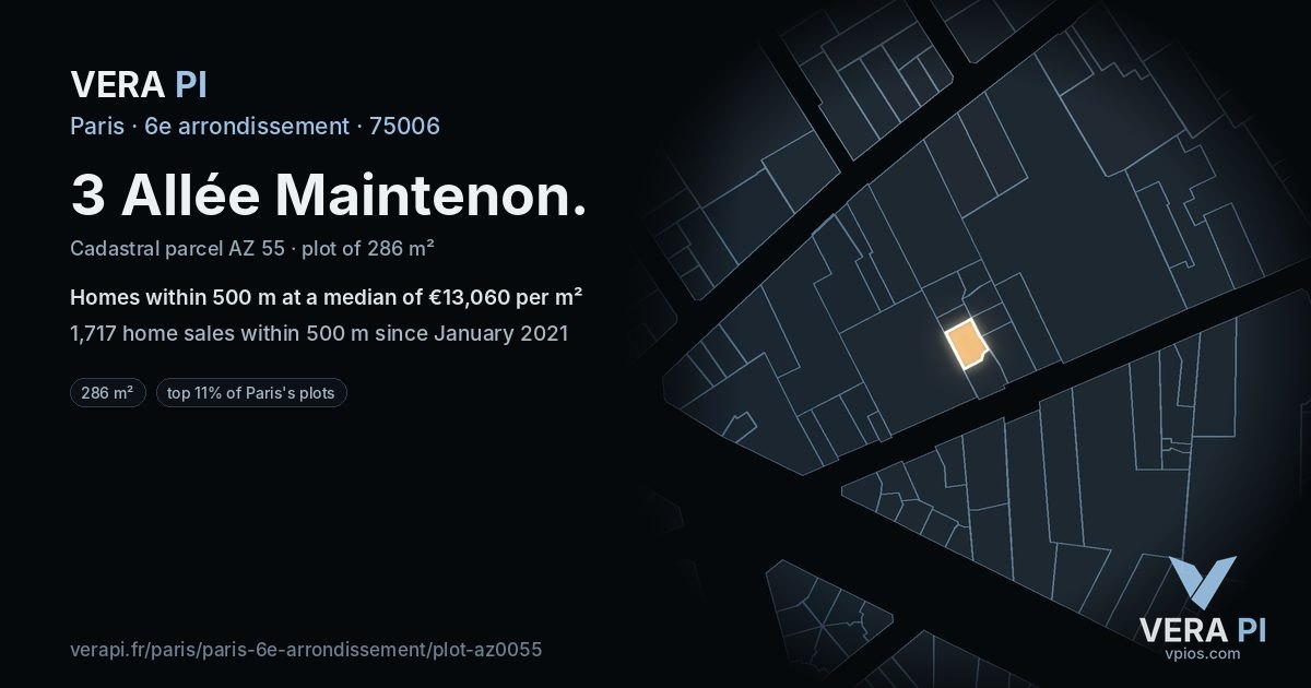 3 Allée Maintenon, 6e arrondissement at night – the plot lit, the parcels around coloured by the prices near them