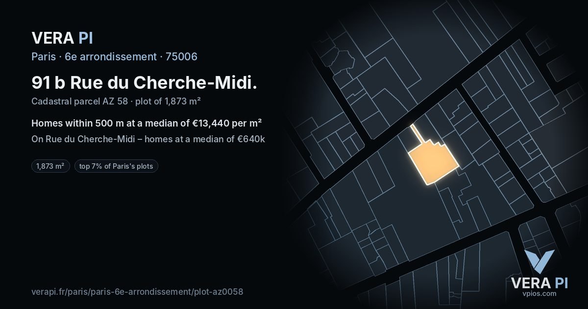 91 b Rue du Cherche-Midi, 6e arrondissement at night – the plot lit, the parcels around coloured by the prices near them