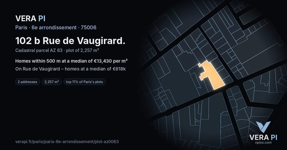 102 b Rue de Vaugirard, 6e arrondissement at night – the plot lit, the parcels around coloured by the prices near them