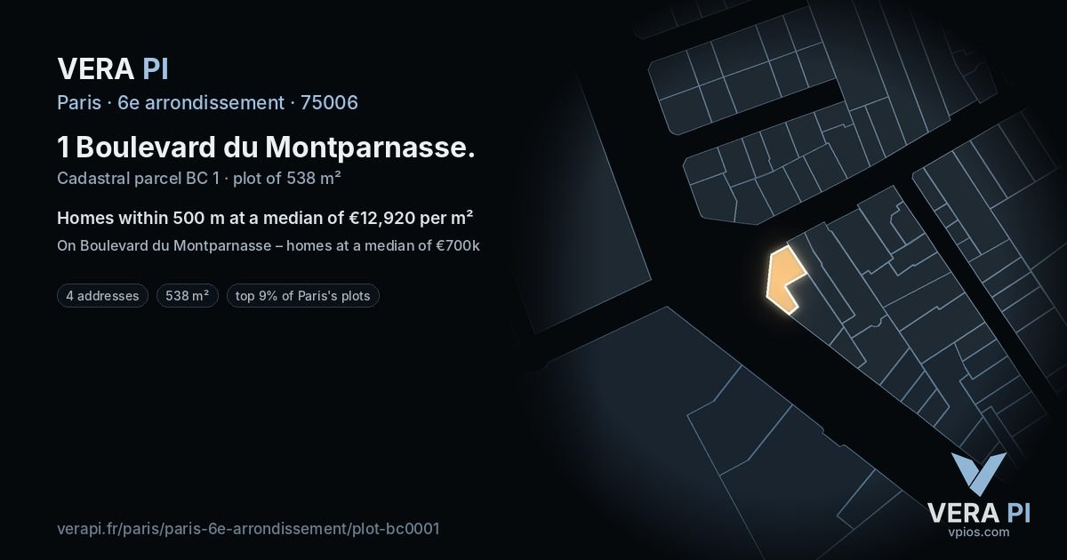 1 Boulevard du Montparnasse, 6e arrondissement at night – the plot lit, the parcels around coloured by the prices near them