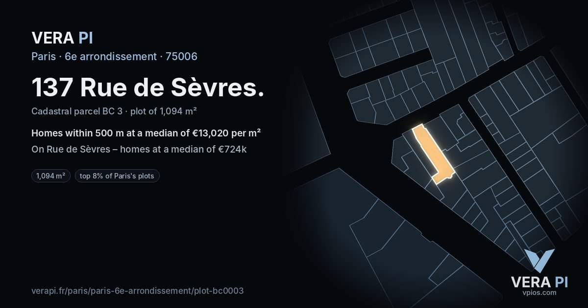 137 Rue de Sèvres, 6e arrondissement at night – the plot lit, the parcels around coloured by the prices near them