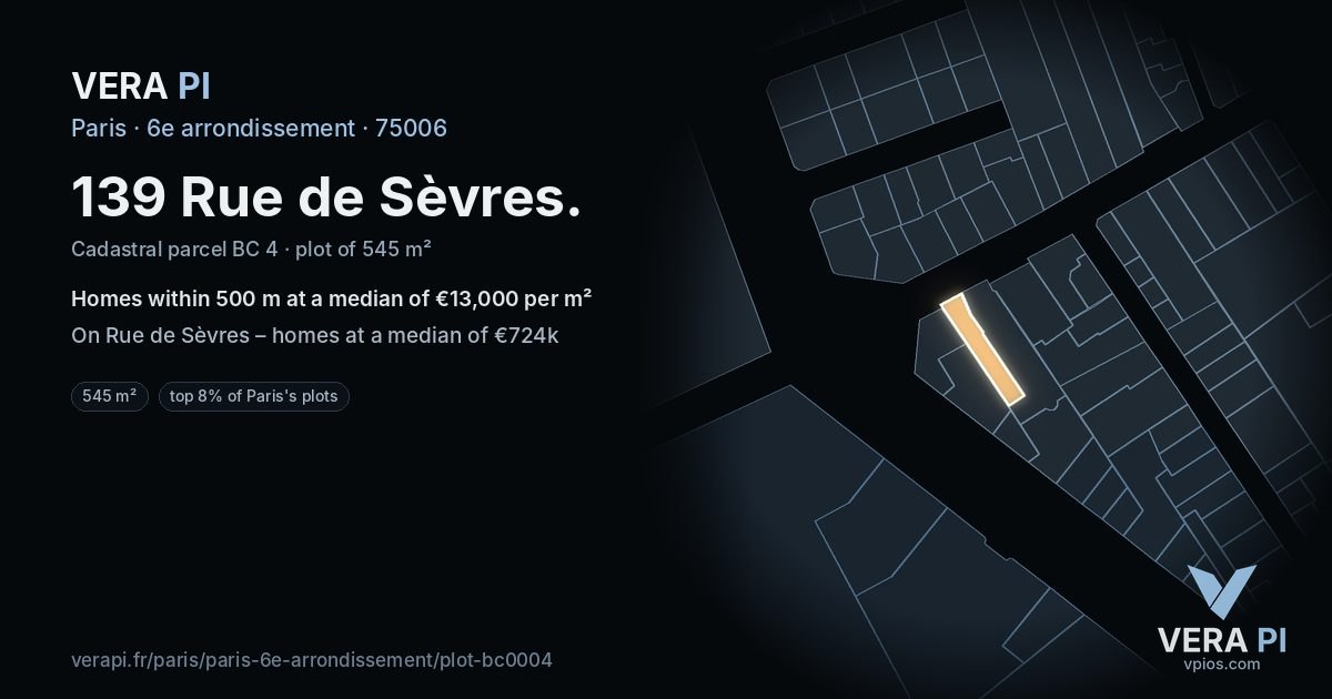 139 Rue de Sèvres, 6e arrondissement at night – the plot lit, the parcels around coloured by the prices near them