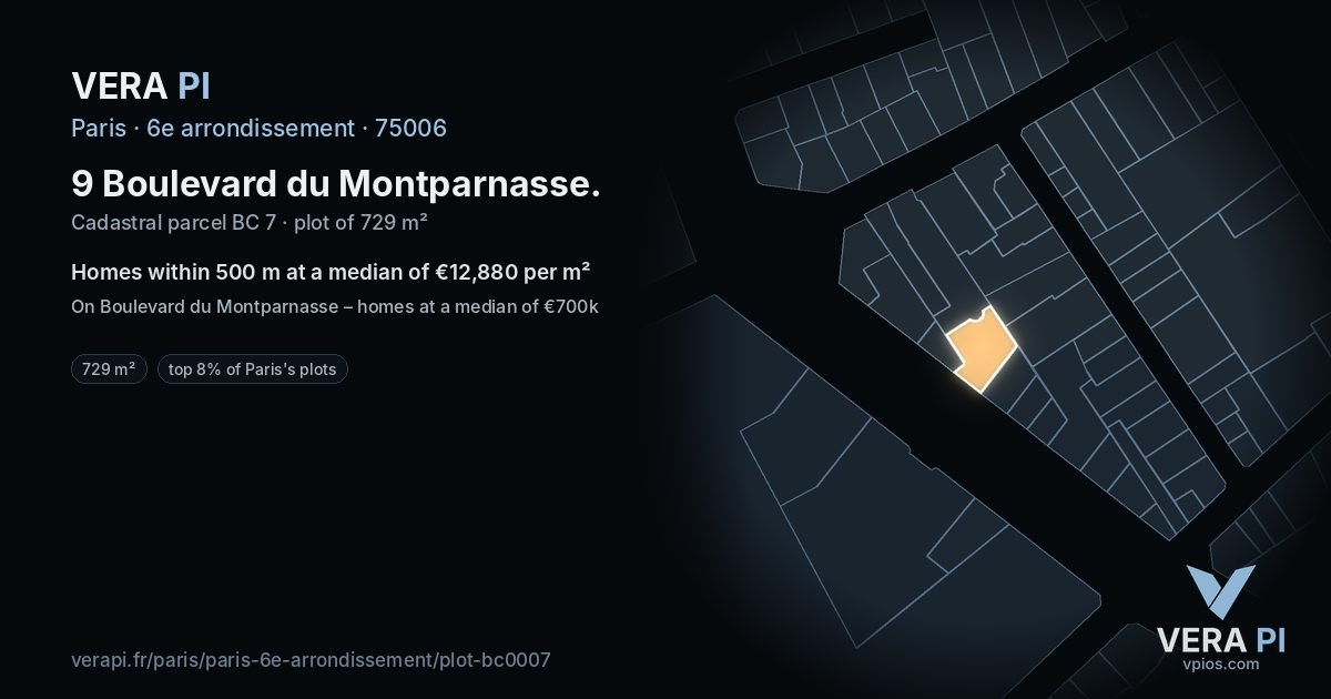 9 Boulevard du Montparnasse, 6e arrondissement at night – the plot lit, the parcels around coloured by the prices near them