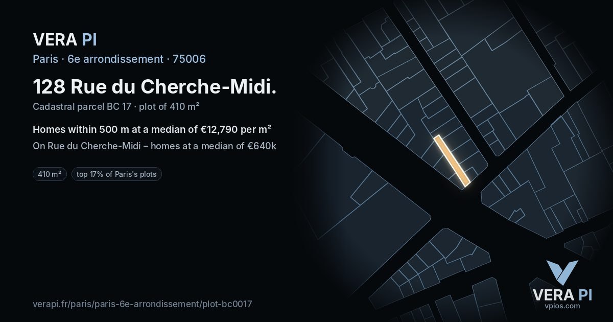 128 Rue du Cherche-Midi, 6e arrondissement at night – the plot lit, the parcels around coloured by the prices near them
