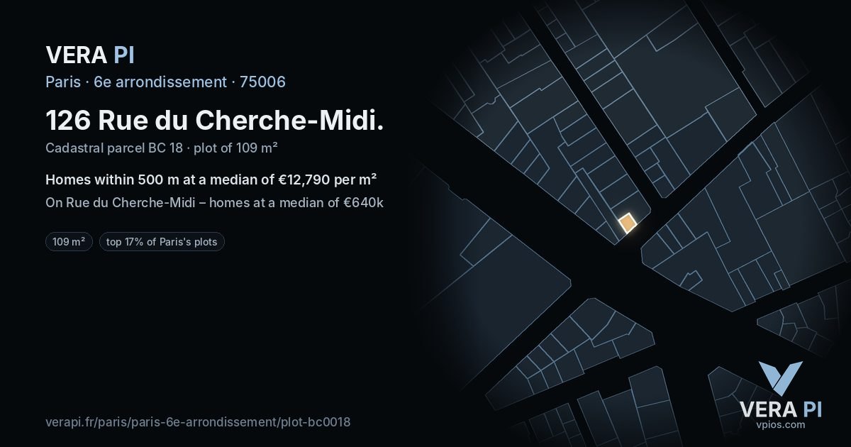 126 Rue du Cherche-Midi, 6e arrondissement at night – the plot lit, the parcels around coloured by the prices near them