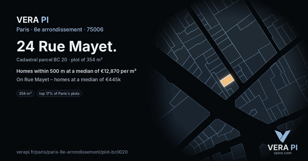 24 Rue Mayet, 6e arrondissement at night – the plot lit, the parcels around coloured by the prices near them